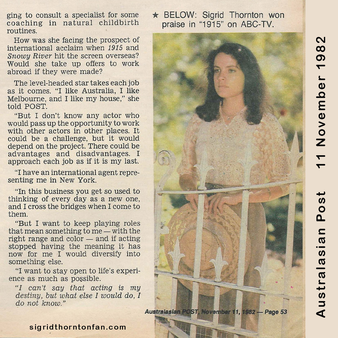 Sigrid Thornton Australasian Post Nov 11 1982