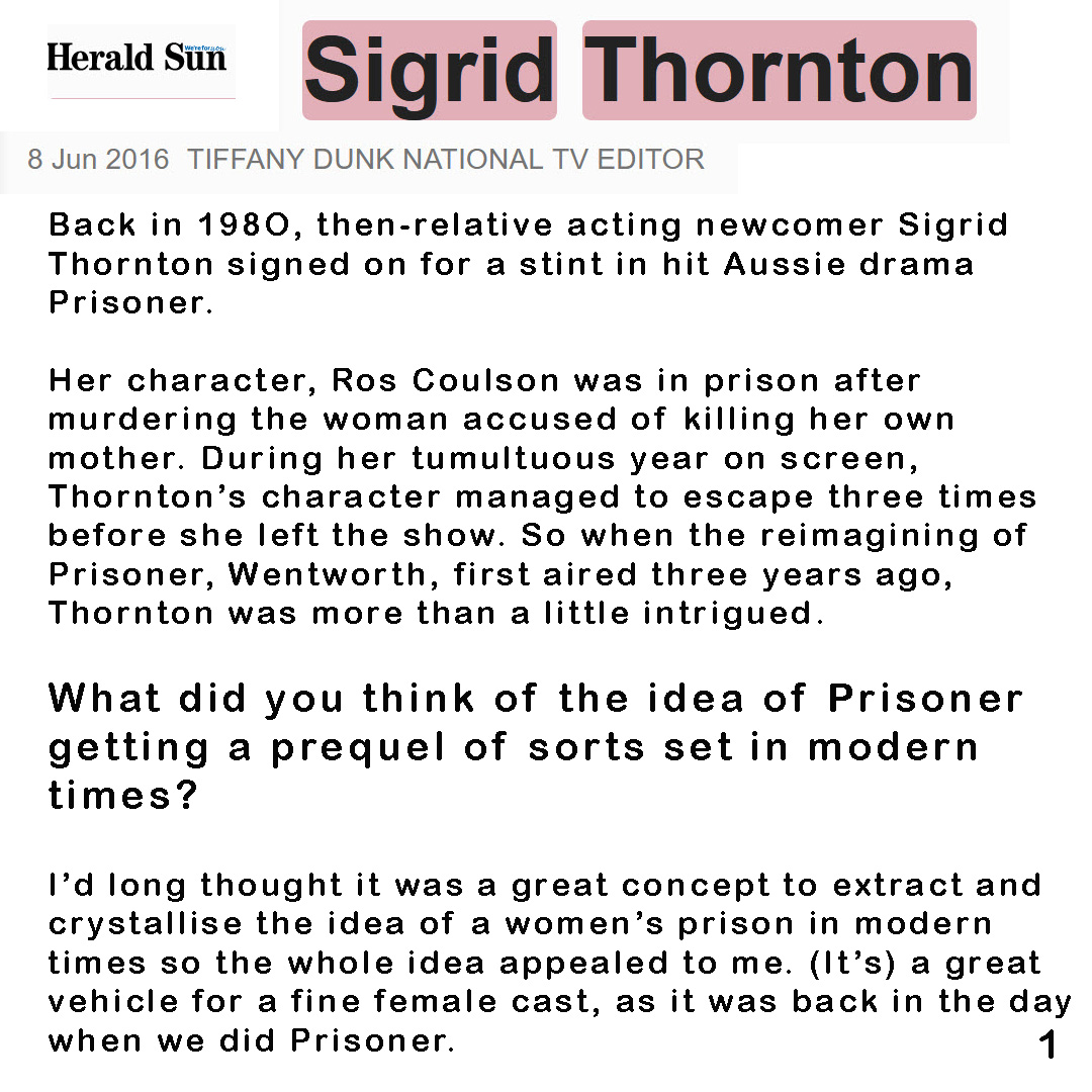 Sigrid Thornton Wentworth Herald Sun  8 June 2016